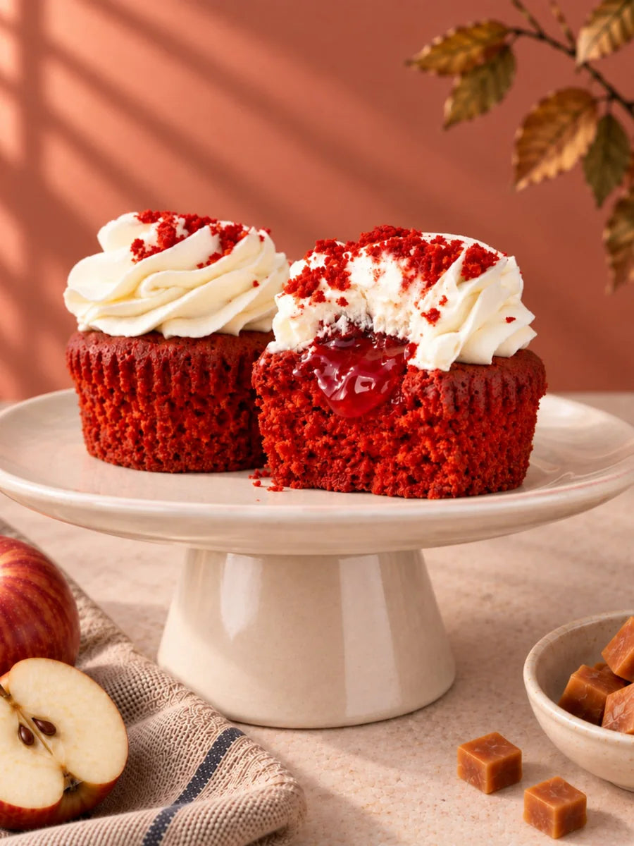 Two Classic Red Velvet cupcakes, one bitten to show the strawberry centre under the cream cheese frosting