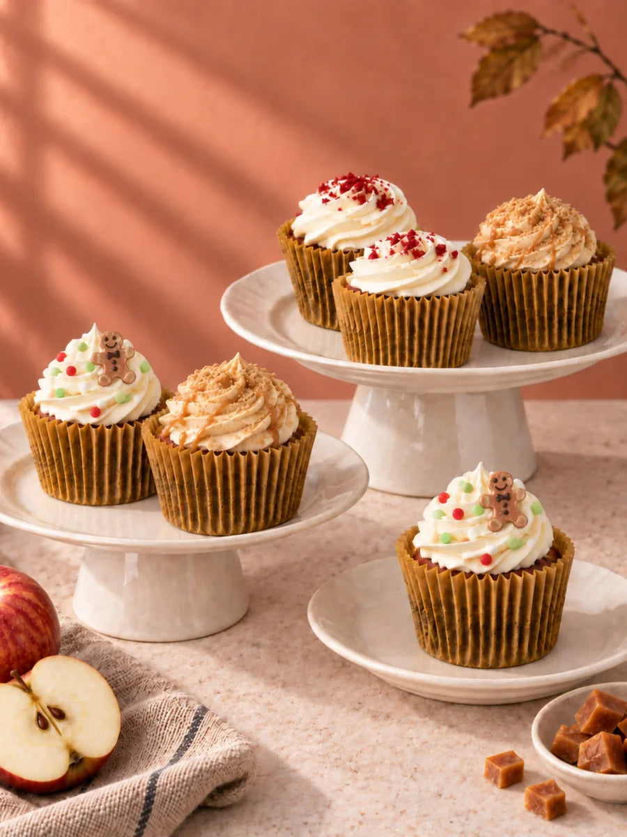 The Cosy Cupcake Box: Toffee Apple, Classic Red Velvet and Gingerbread & Salted Caramel cupcakes on cream cake stands
