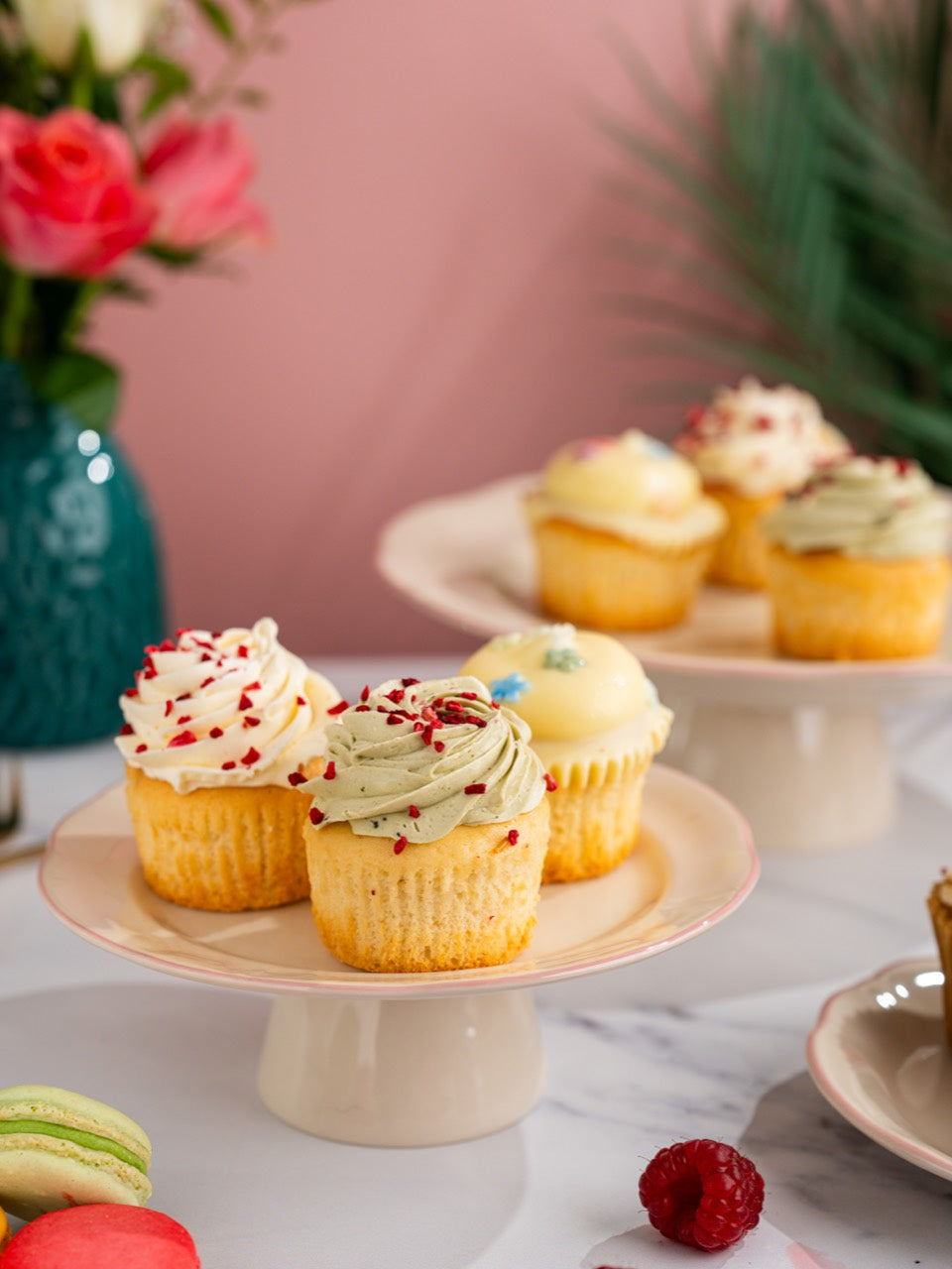 Garden Party cupcake selection in a spring lifestyle setting