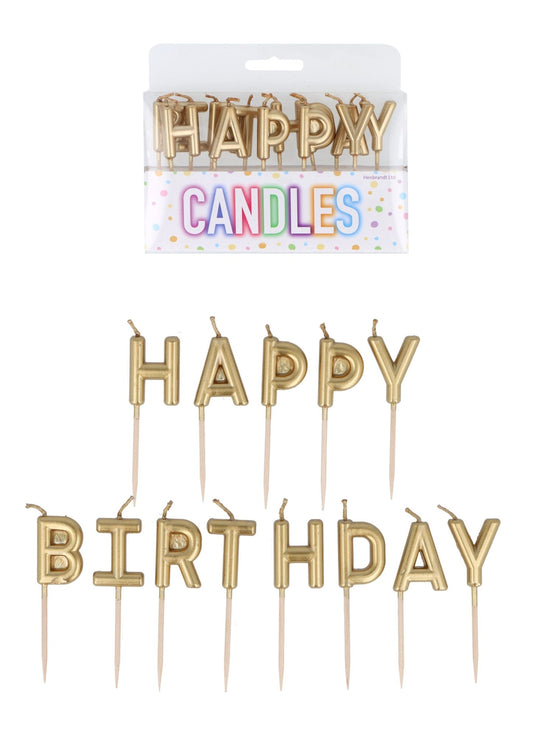 Gold  ‘Happy Birthday’ Candles - Pack of 13