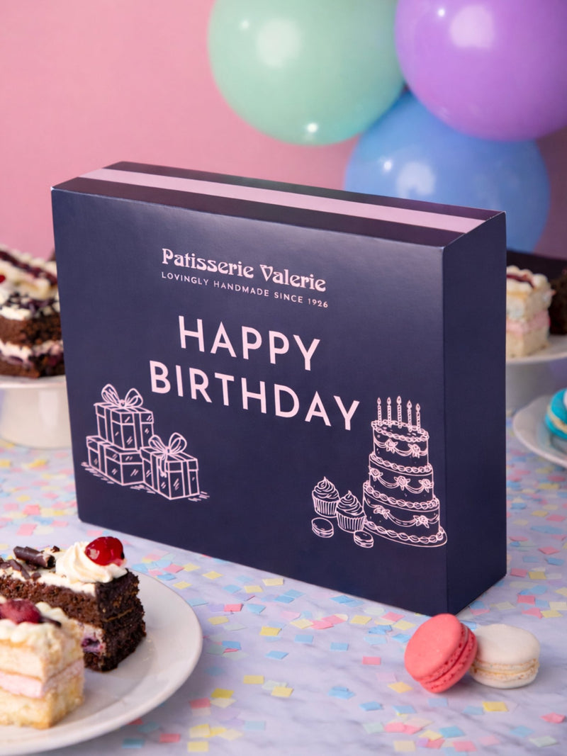 Happy Birthday Cake Slice Box – 10 Assorted Luxury Cake Slices with Gift Box Sleeve - Patisserie Valerie