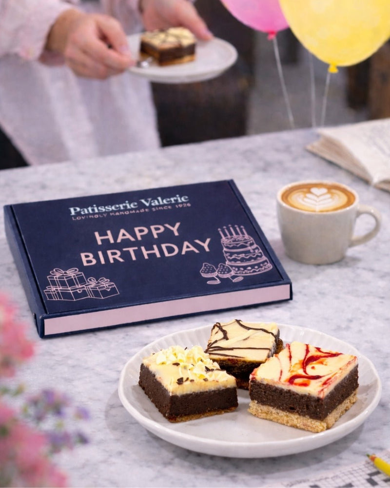 Patisserie Valerie's handmade Happy Birthday Luxury Brownies Gift Box cake delivery 