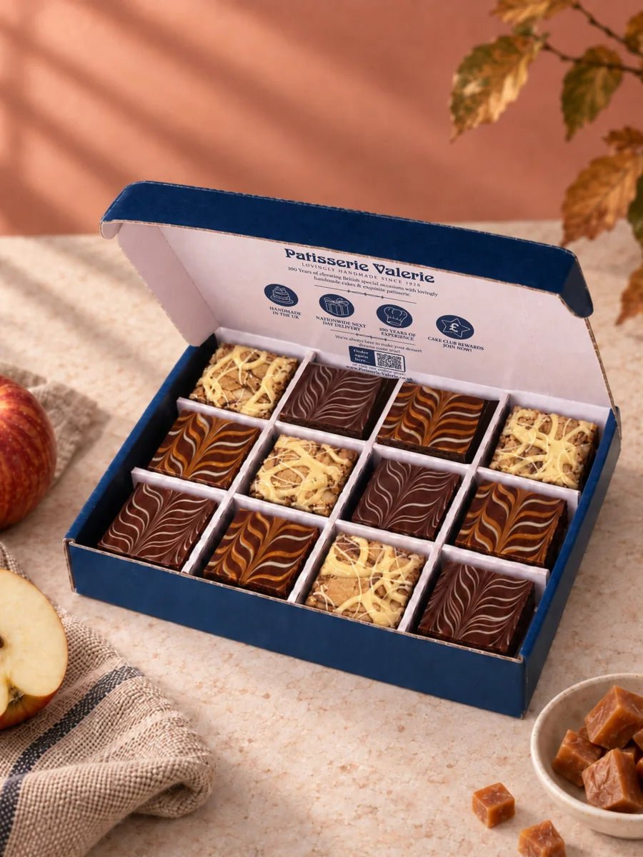 Open Indulgent Brownie & Blondie Box of 12 with chocolate brownies, caramel swirl brownies and drizzled blondies