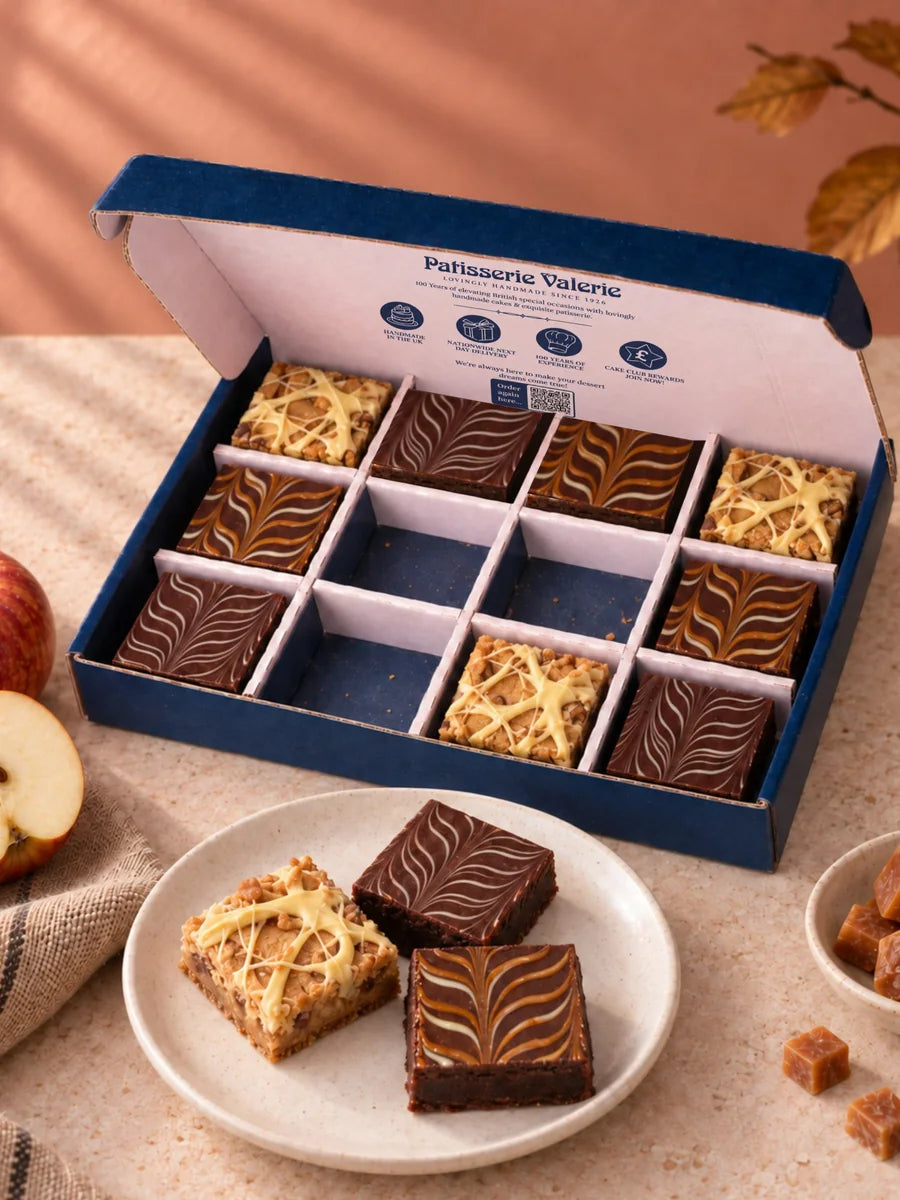 Indulgent Brownie & Blondie Box with a blondie, a chocolate brownie and a caramel swirl brownie served on a plate in front