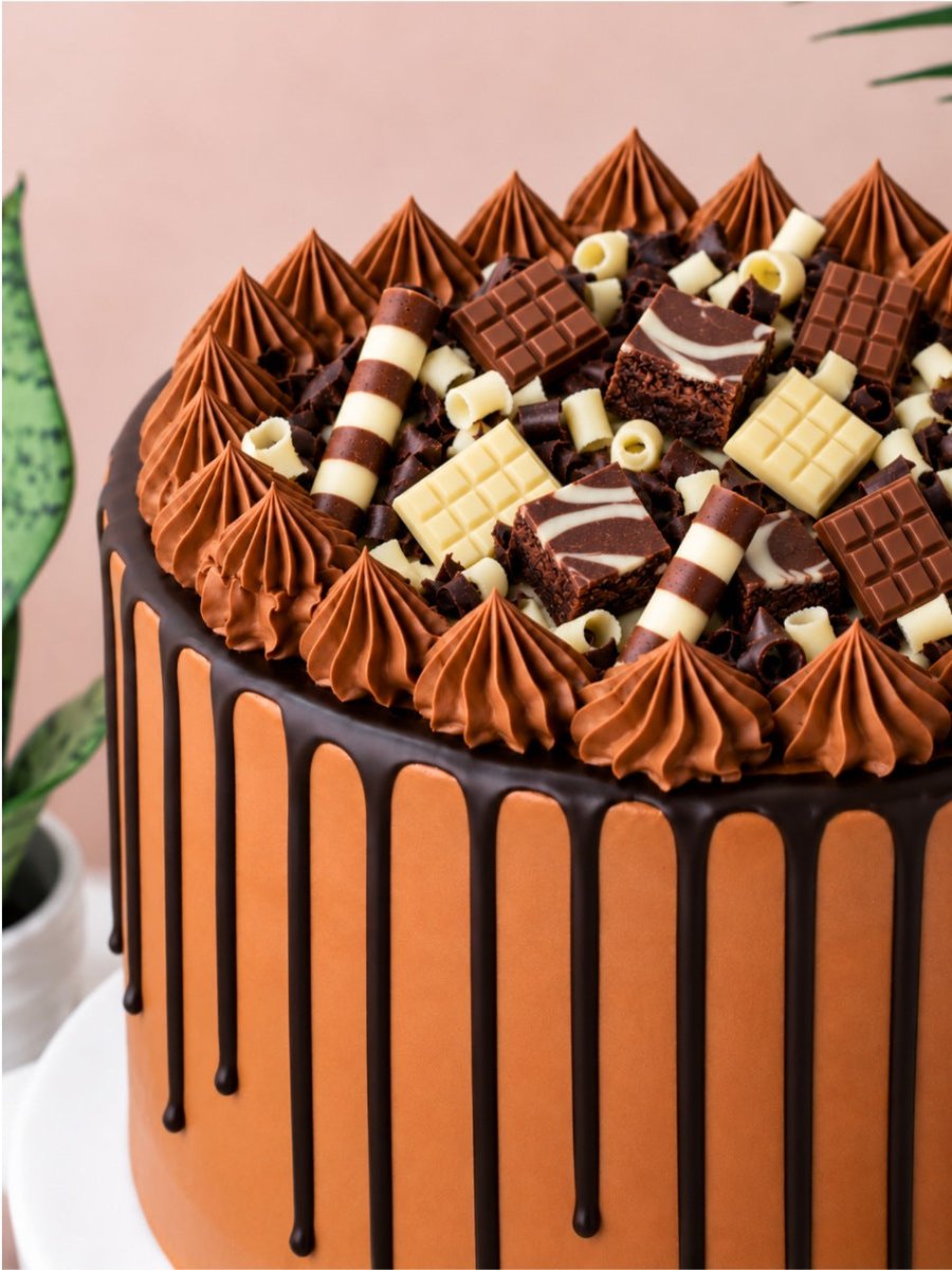 Close up of the Indulgent Chocolate Celebration Cake topping with marbled brownie bites, milk and white chocolate bars, striped chocolate rolls and curls