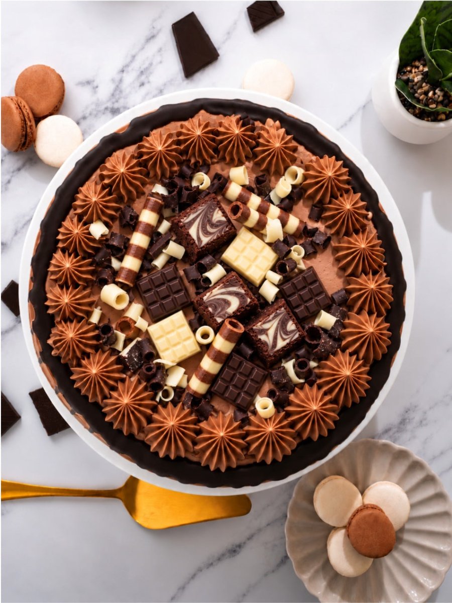 Overhead view of the Indulgent Chocolate Celebration Cake topped with brownie bites, chocolate bars and curls inside a ring of buttercream stars