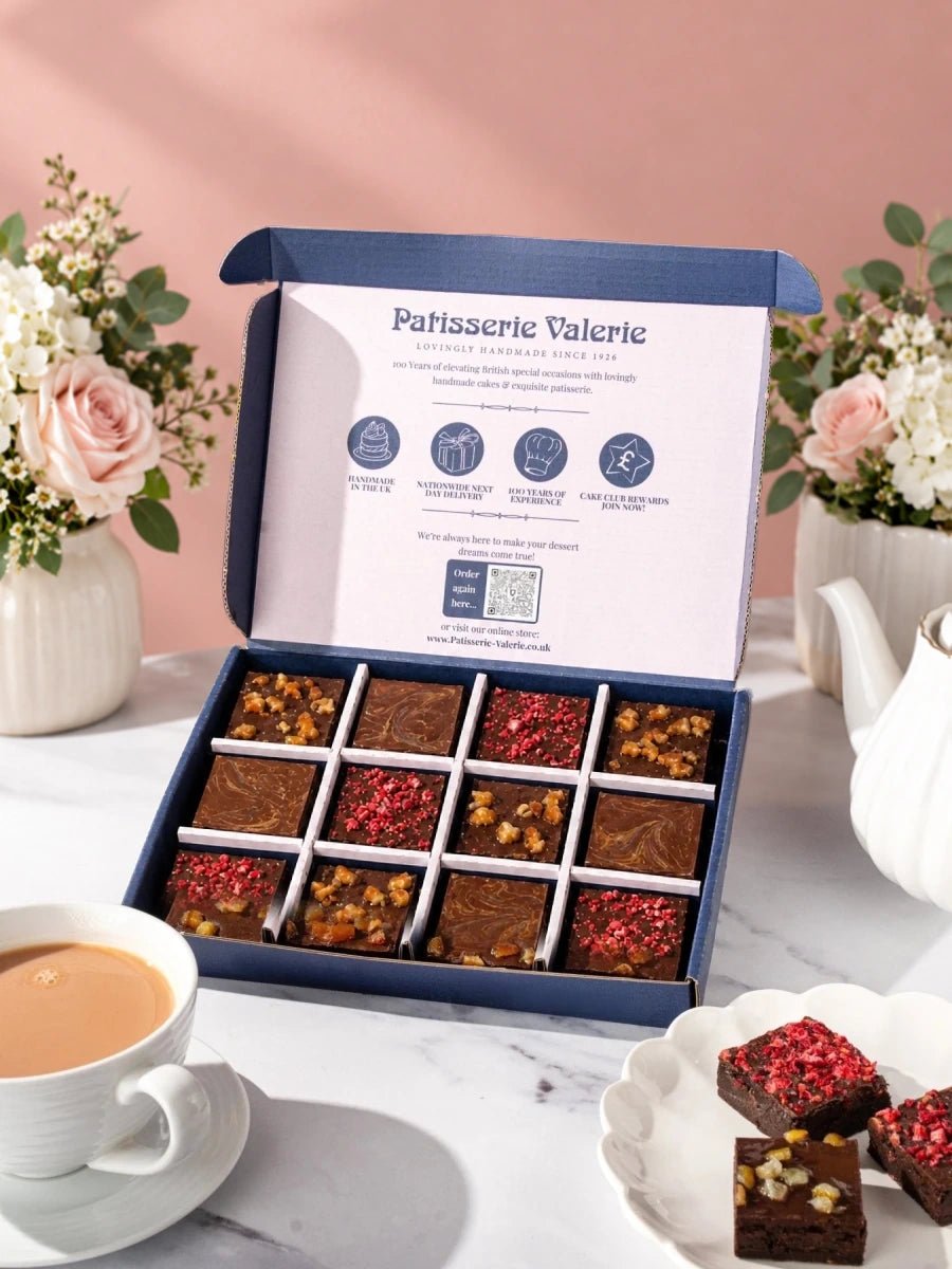 Assorted Kind Bakes vegan brownies in an open Patisserie Valerie gift box