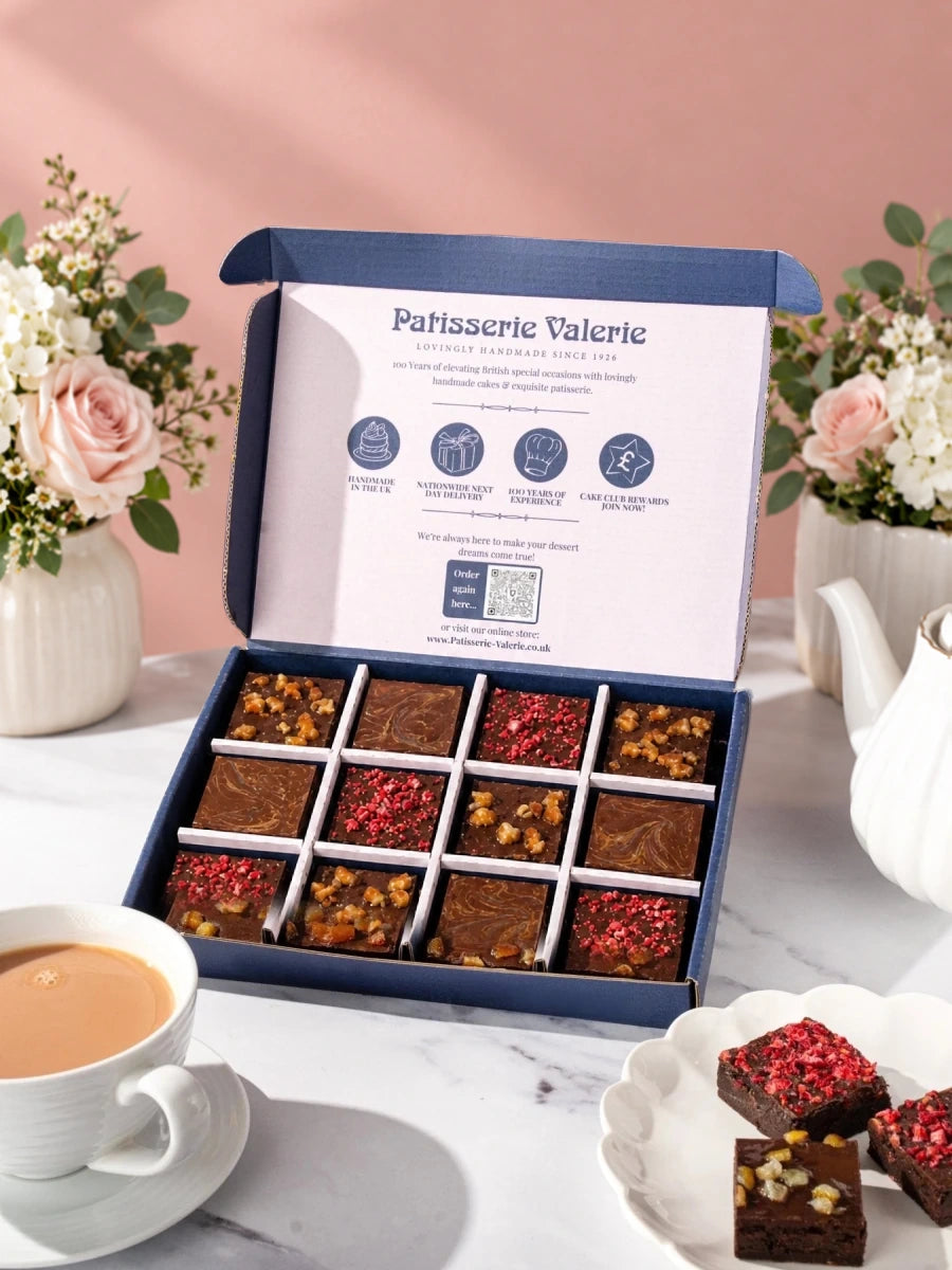 Assorted Kind Bakes vegan brownies in an open Patisserie Valerie gift box