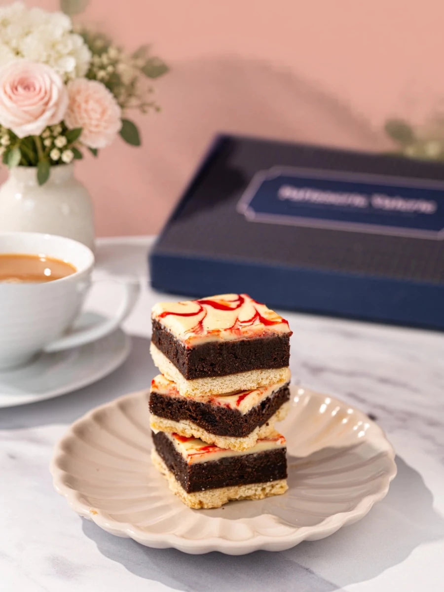 Luxury brownies with a pale topping and red swirl stacked on a white plate by Patisserie Valerie