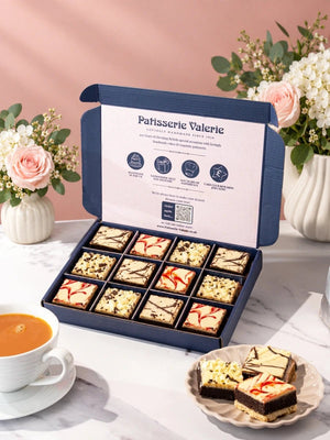 Luxury brownie selection in an open Patisserie Valerie gift box