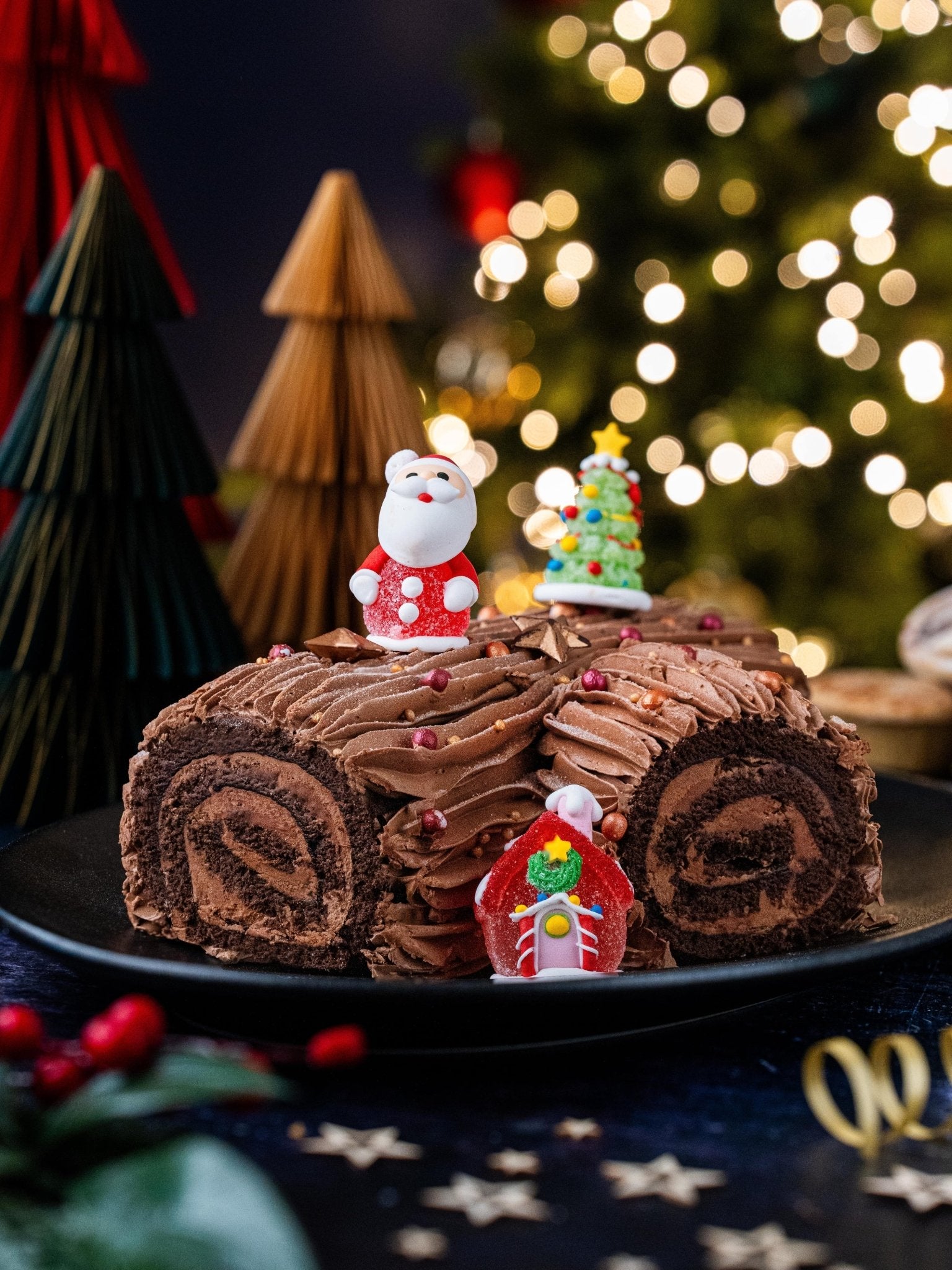 Luxury Chocolate Yule Log – Handmade Christmas Roulade with Festive Toppings - Patisserie Valerie