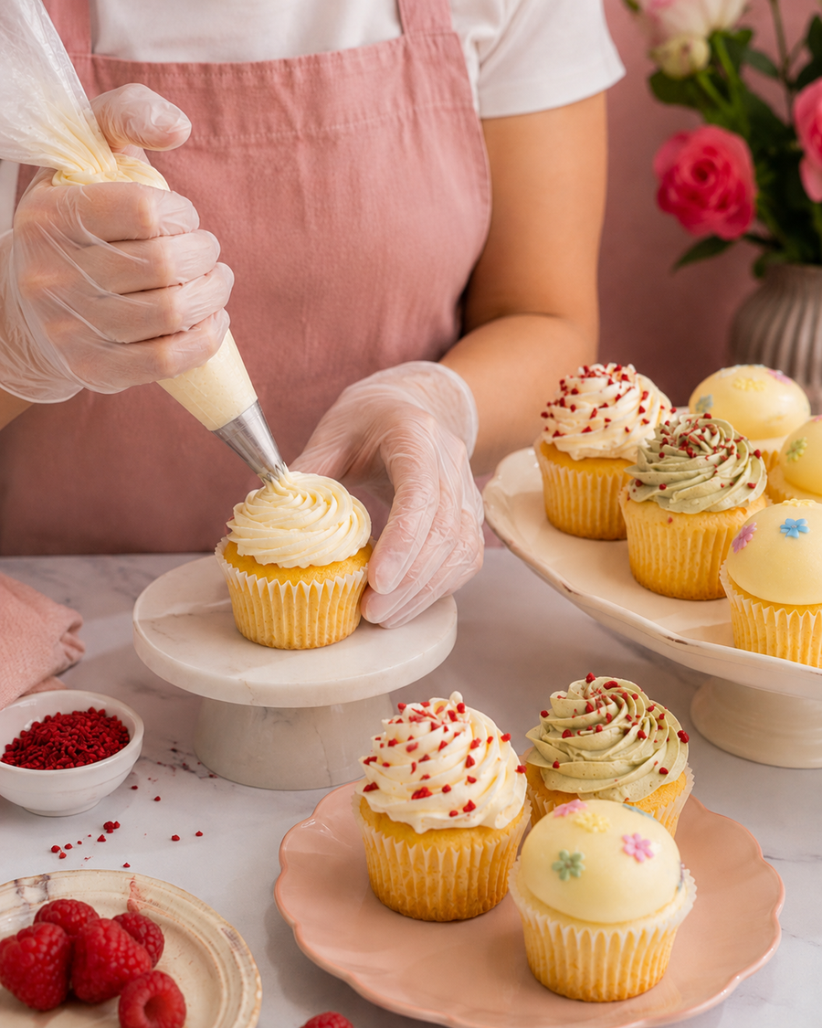 Cupcakes being piped and finished, for More of the Good Stuff Cupcakes flavour section