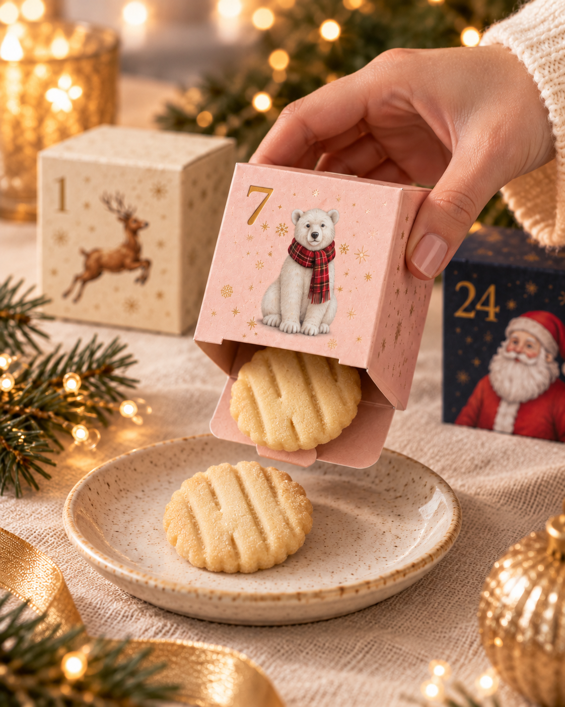 Hand opening Patisserie Valerie advent box 7 from the bottom as a shortbread biscuit slides out onto a plate