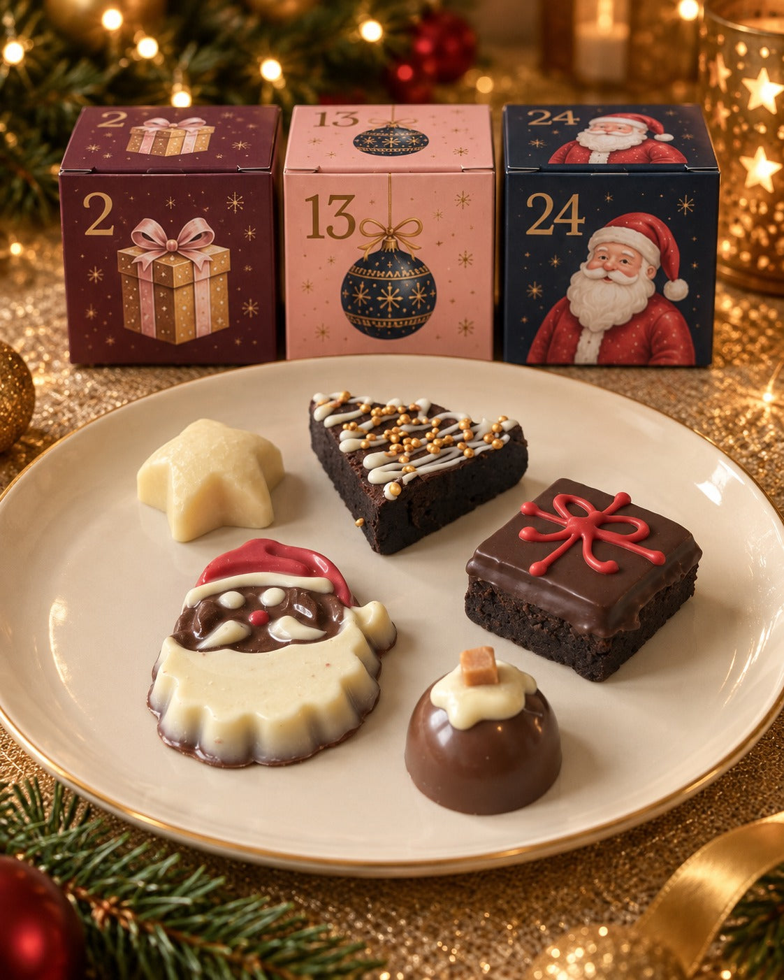 Plate of Patisserie Valerie advent calendar treats, including brownies, a white chocolate star, a chocolate pudding and a Father Christmas chocolate, in front of boxes 2, 13 and 24
