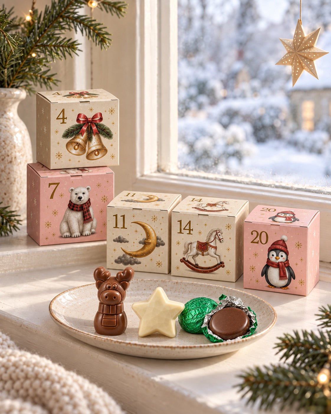 Patisserie Valerie advent boxes displayed on a snowy window sill with a chocolate reindeer, white chocolate star and mint chocolate