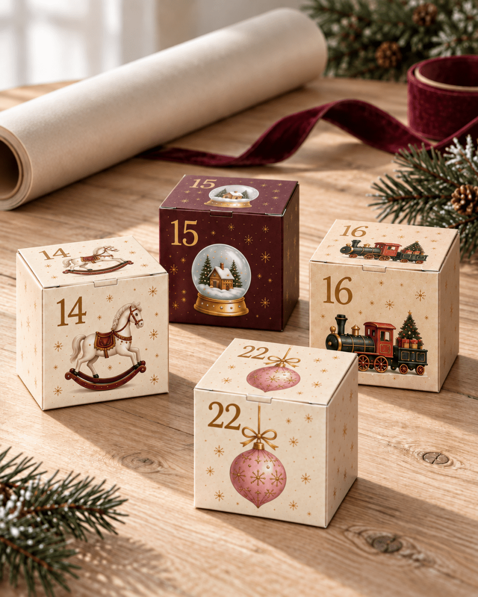 Patisserie Valerie advent boxes 14, 15, 16 and 22 on a wooden table with wrapping paper and ribbon