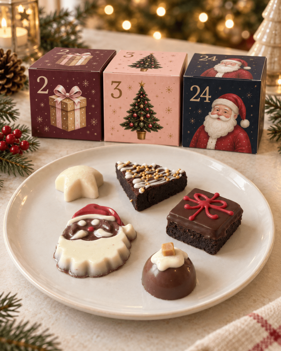 Patisserie Valerie advent boxes 2, 3 and 24 behind a plate of advent treats including brownies, a white chocolate star, a chocolate pudding and a Father Christmas chocolate