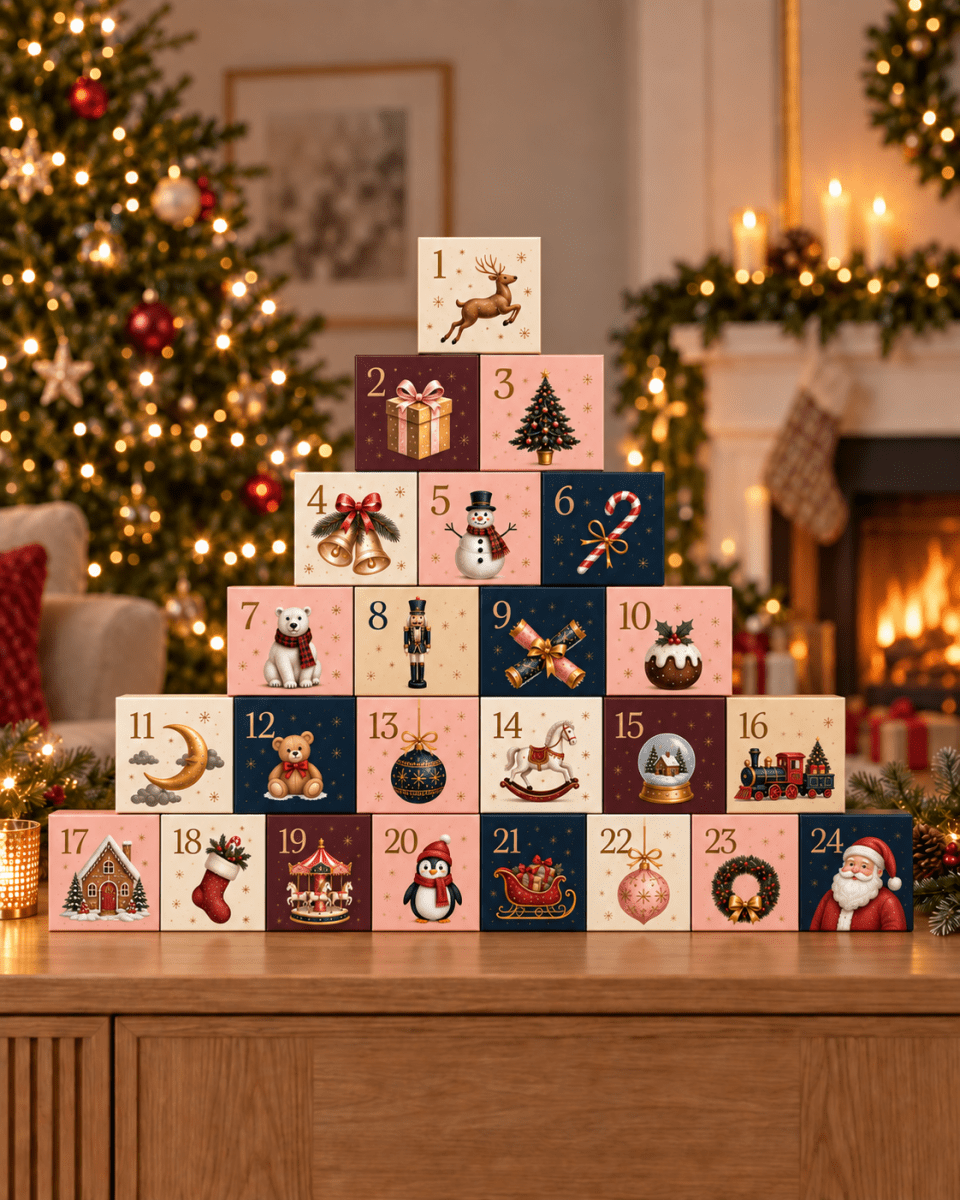 Patisserie Valerie advent calendar with 24 illustrated numbered boxes stacked into a tower in front of a Christmas tree and fireplace