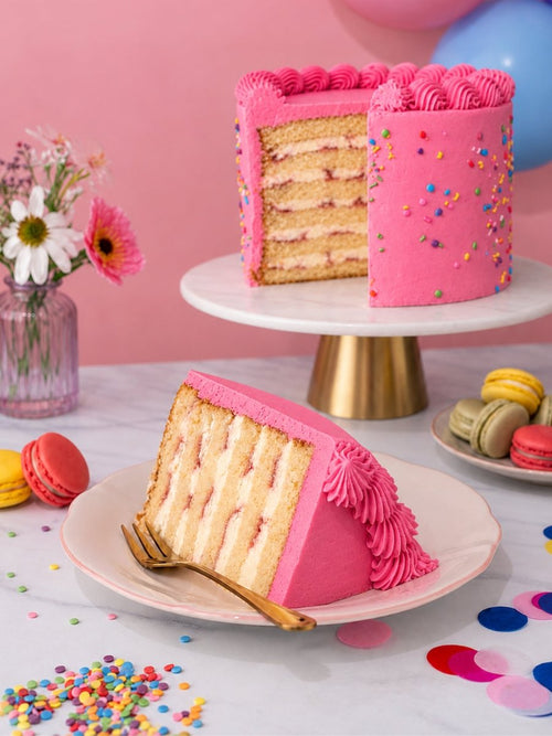 Slice of pink birthday cake showing vanilla sponge, raspberry jam and cream layers beside the cut cake