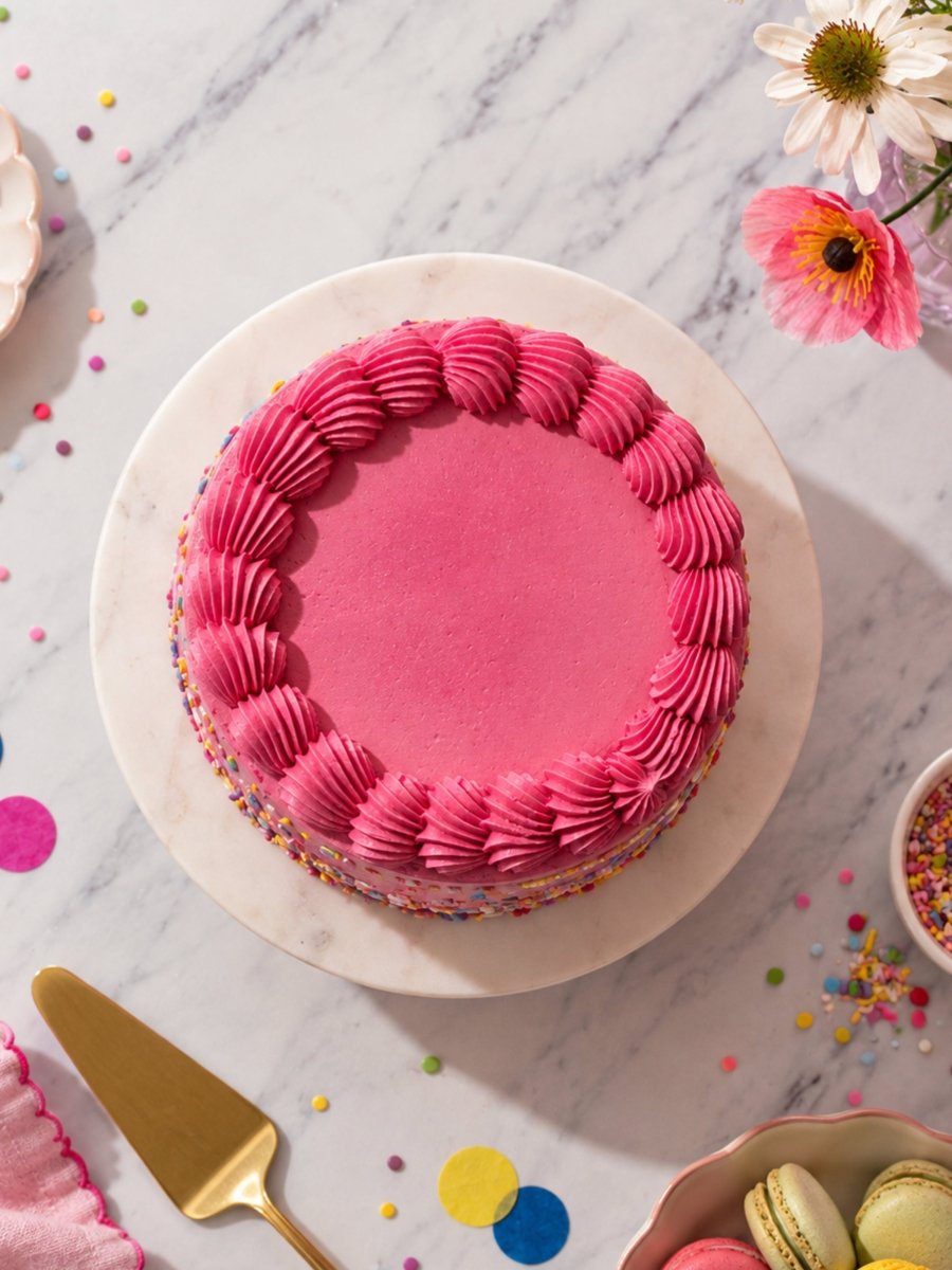 Overhead view of the pink celebration birthday cake with piped buttercream swirls and funfetti sprinkles