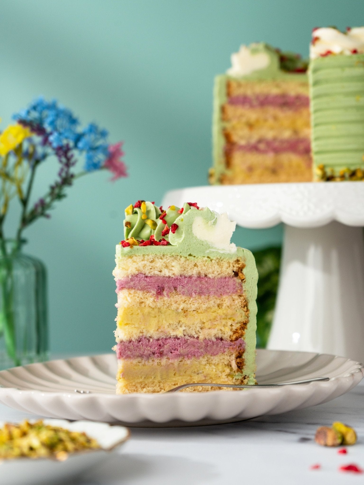 Patisserie Valerie's handmade Pistachio and Raspberry Delight Cake cake delivery 