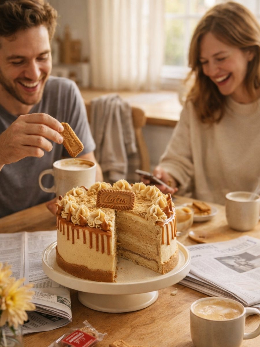 Patisserie Valerie's handmade Biscoff Cake being decorated with caramel drip, piped rosettes and Biscoff crumb
