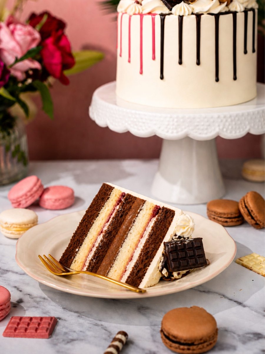 Chocolate & Blush Pink Half & Half Drip Cake