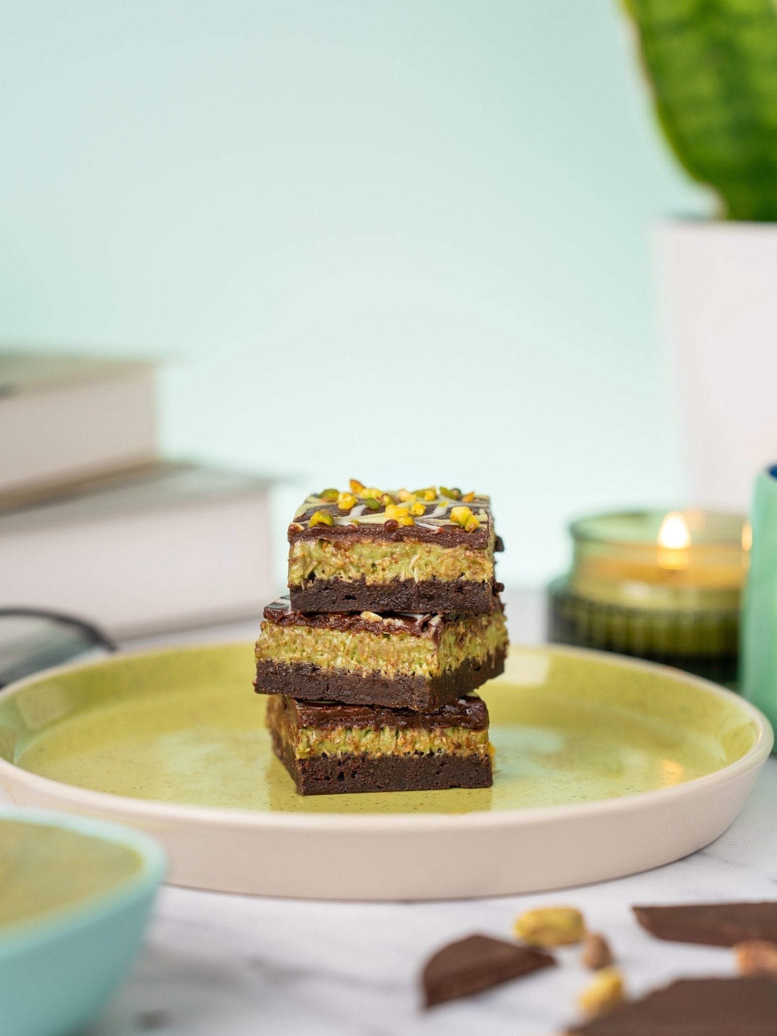 Patisserie Valerie's handmade New Baby Dubai-Style Brownie Gift Box, opened and brownies served on a plate