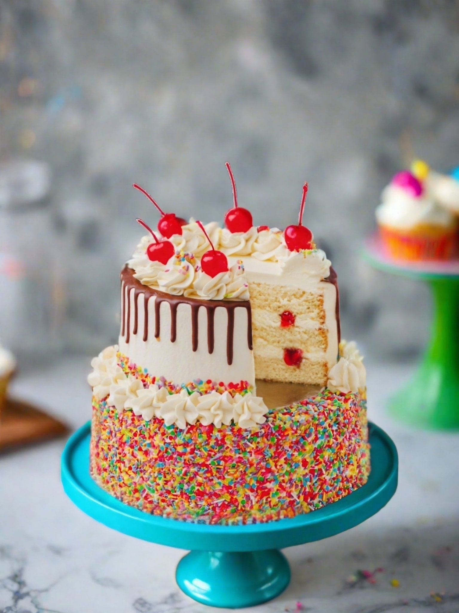 Patisserie Valerie's handmade Ice Cream Sundae Cake being decorated, sliced and served