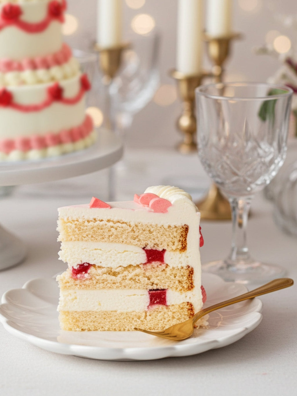 Patisserie Valerie's handmade Lambeth Cake with piped swags and roses, being sliced and served