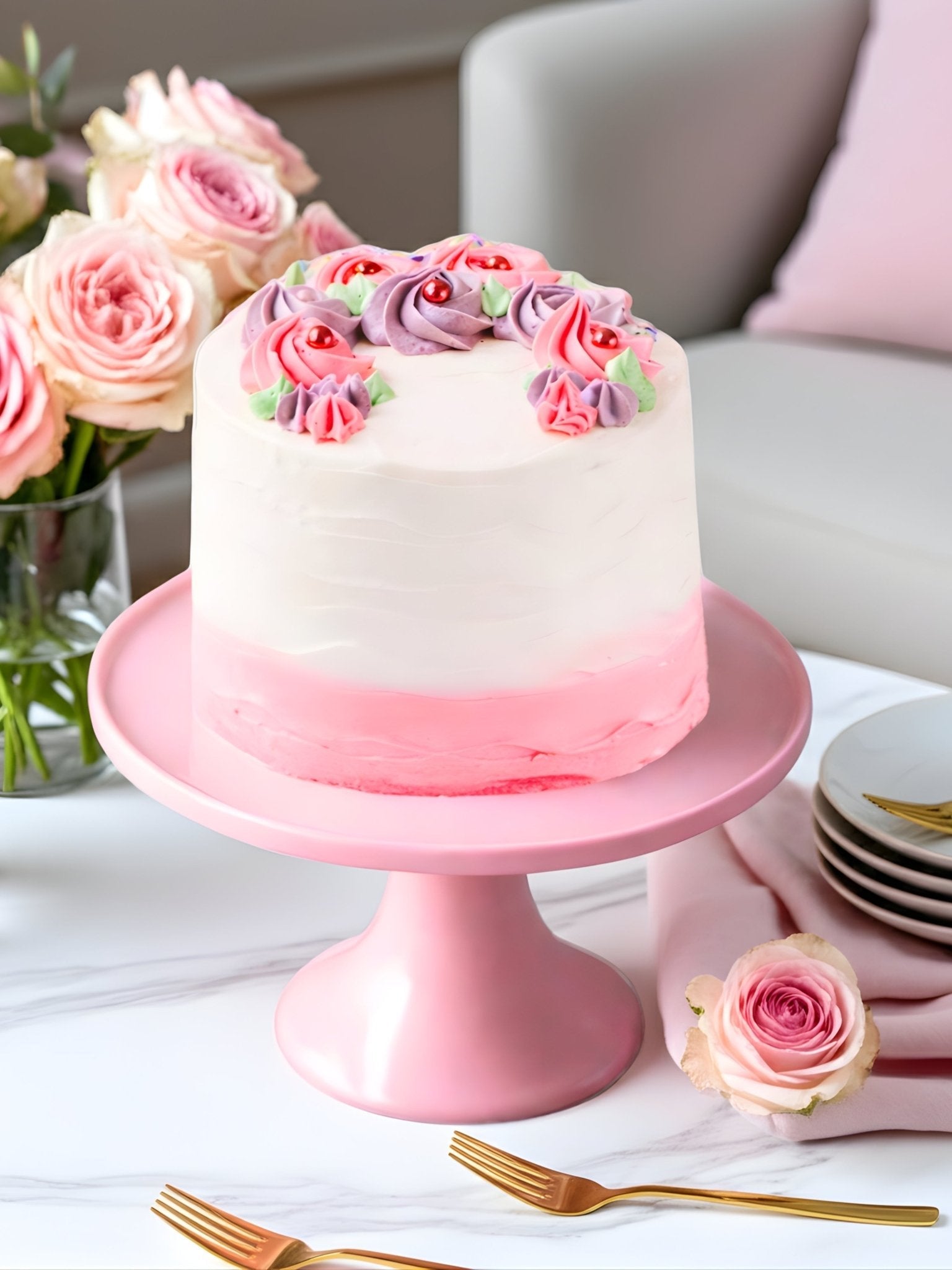 Patisserie Valerie's handmade Rose Cake with piped buttercream roses, presented and served