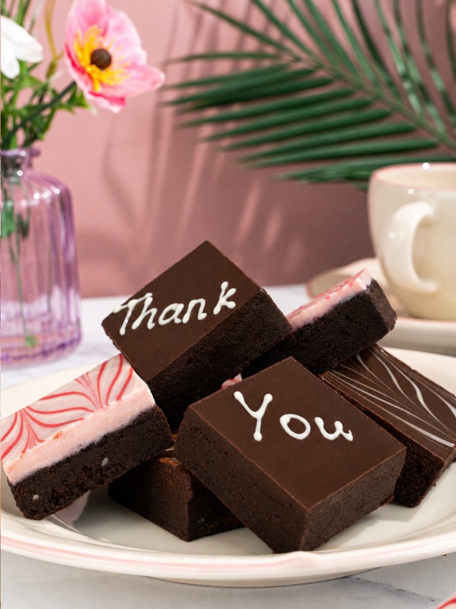 Patisserie Valerie's handmade Thank You Chocolate Brownies gift box being opened to reveal swirled brownies
