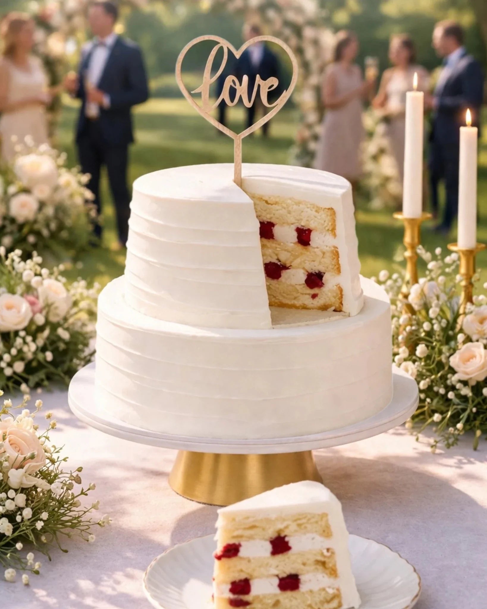 Patisserie Valerie's handmade Ultimate Wedding Cake Bundle - two-tier wedding cake sliced and served with fizz