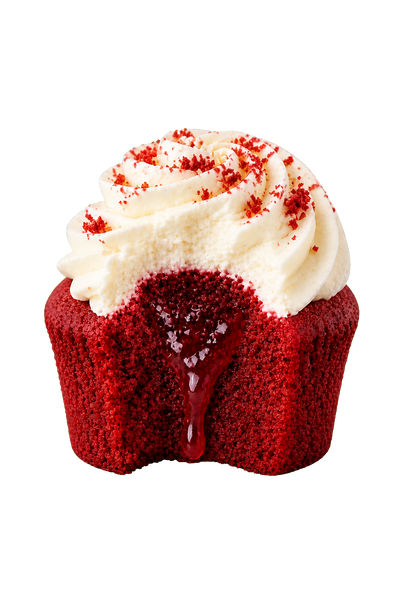 Classic Red Velvet cupcake cut open to show the filling