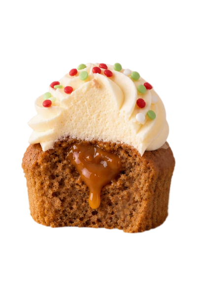 Gingerbread & Salted Caramel cupcake cut open to show the salted caramel centre