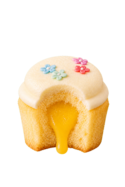 Lemon Meringue cupcake cut open to show the lemon filling