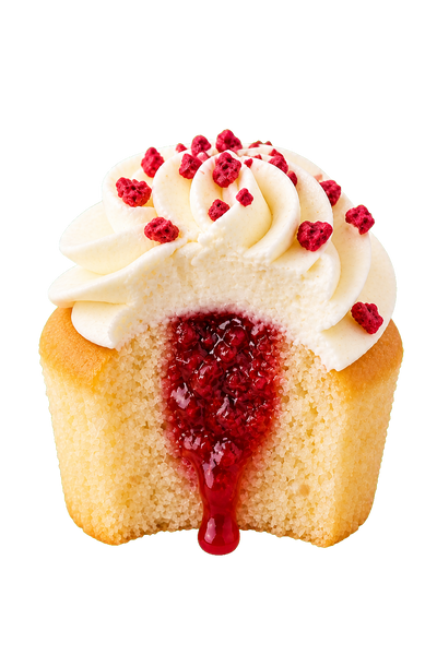 Raspberry cupcake cut open to show the filling