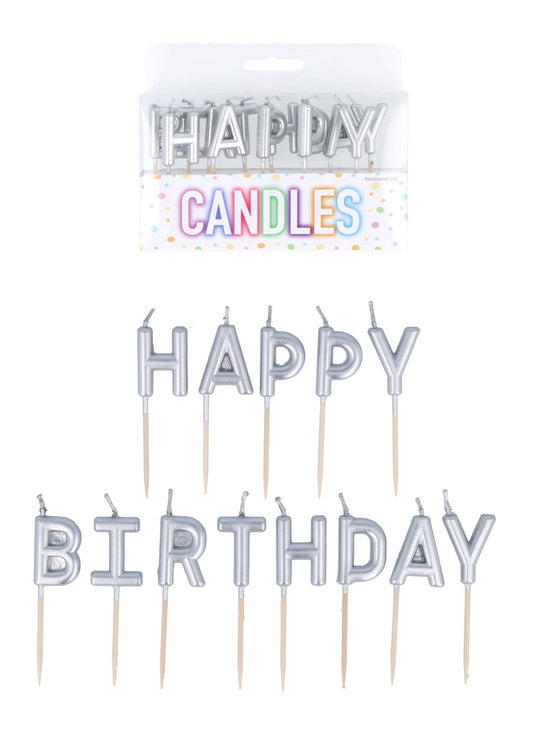 Silver ‘Happy Birthday’ Candles - Pack of 13