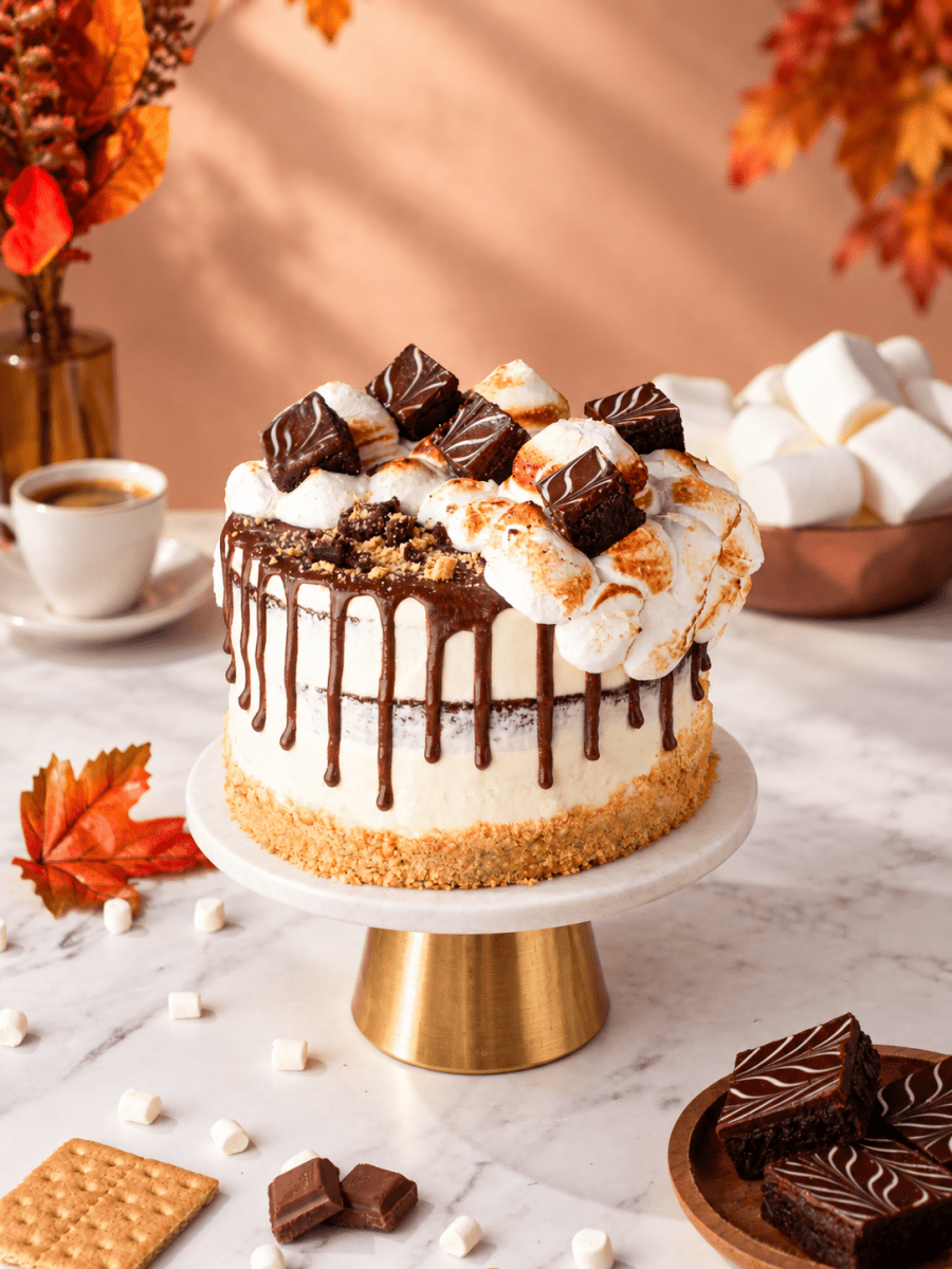 S'mores Cake with chocolate drip, toasted meringue and brownie pieces on a marble and gold stand in an autumn setting.