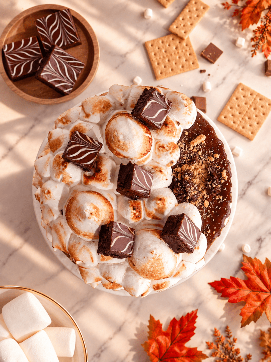 Overhead view of S'mores Cake topped with toasted meringue, brownie pieces and biscuit crumbs on a marble table.