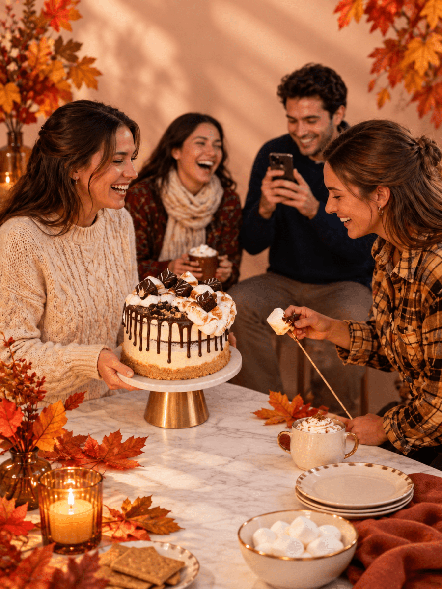Friends celebrating with a S'mores Cake on a marble and gold stand, surrounded by warm autumn foliage.
