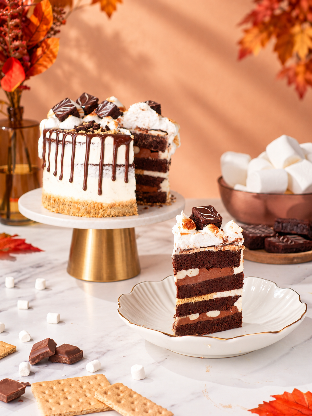 S'mores Cake with a slice removed and served alongside on a gold-rimmed plate, styled with autumn leaves.