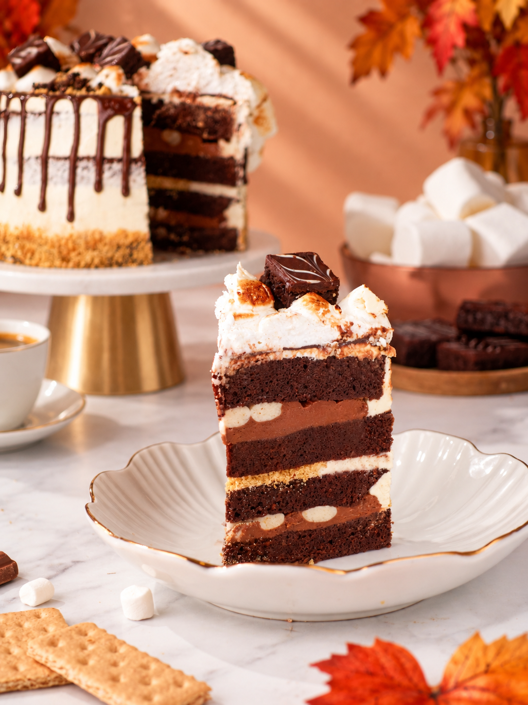 Slice of S'mores Cake showing four chocolate sponge layers, chocolate filling, cream, marshmallows and biscuit on a gold-rimmed plate.