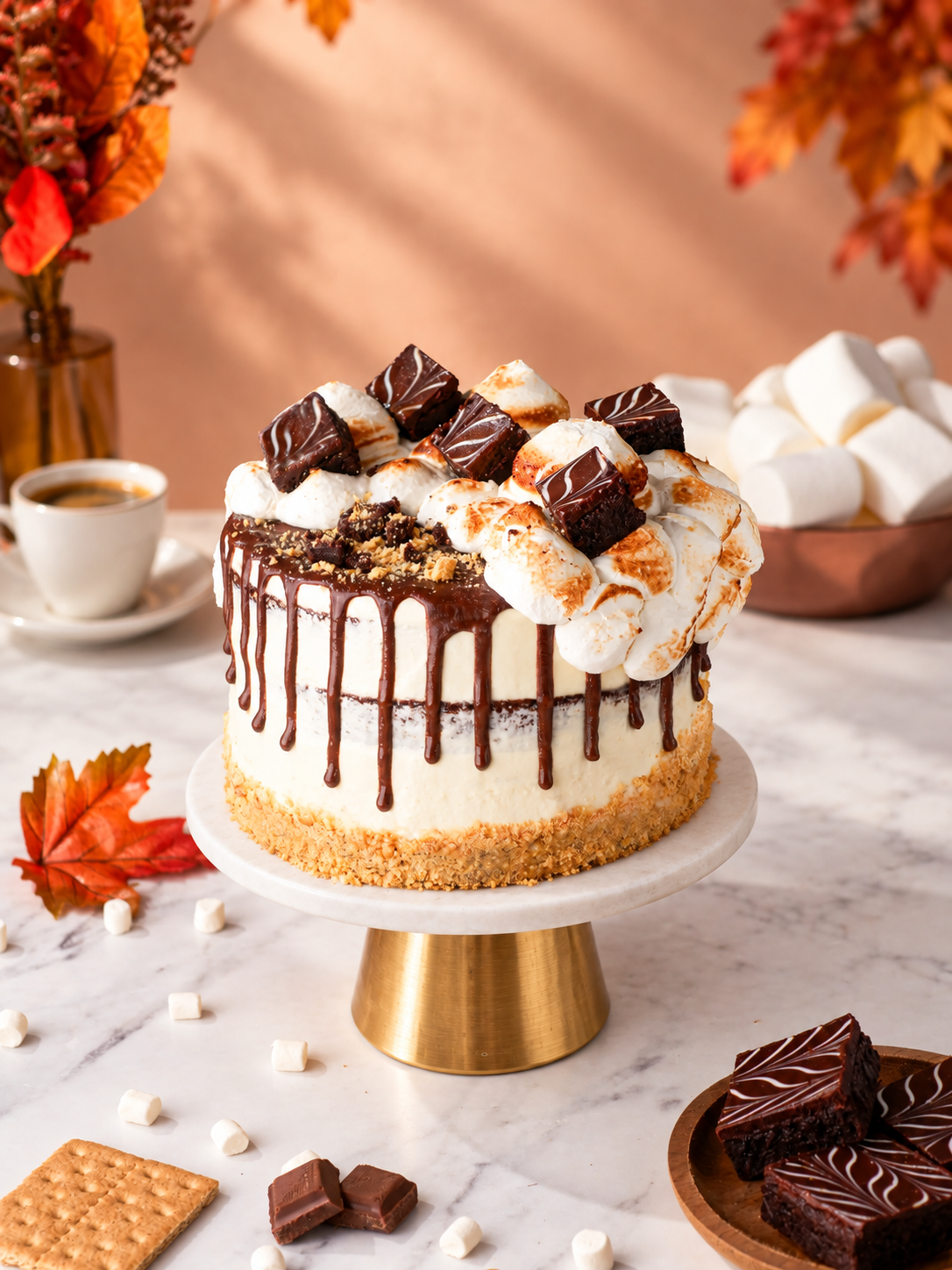 S'mores Cake with chocolate drip, toasted meringue and brownie pieces on a marble and gold stand in an autumn setting.