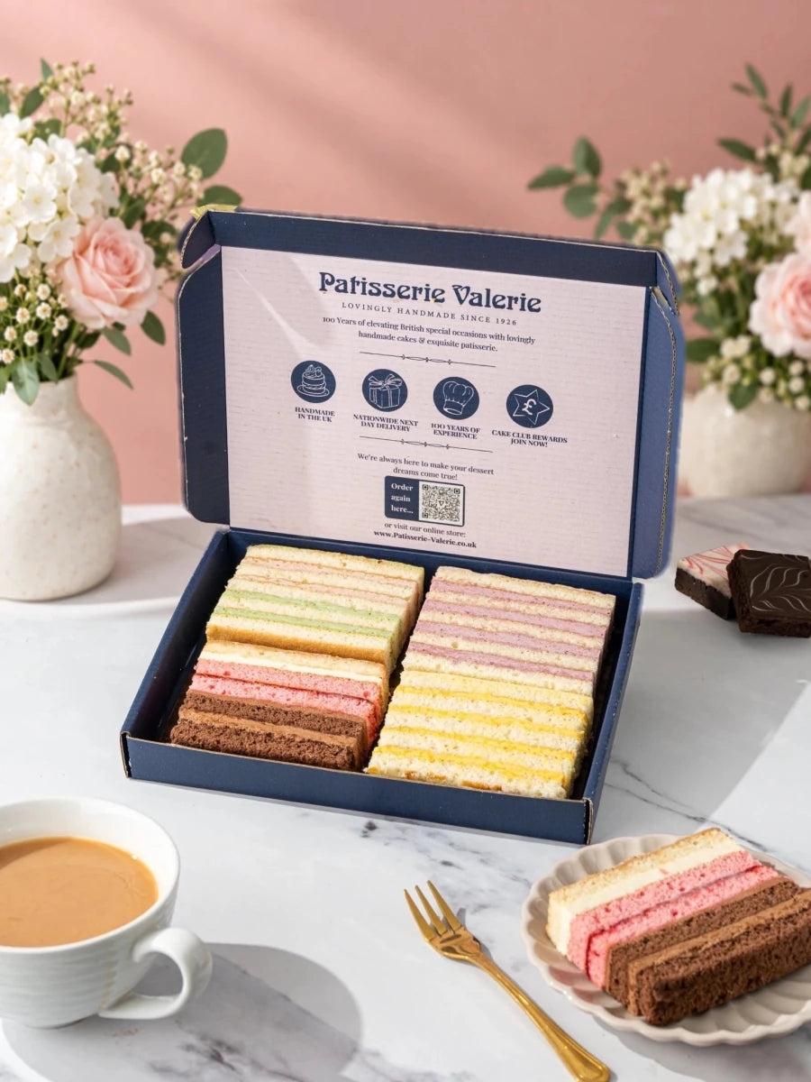 Summer Favourites cake slices in an open gift box with slices on a plate by Patisserie Valerie