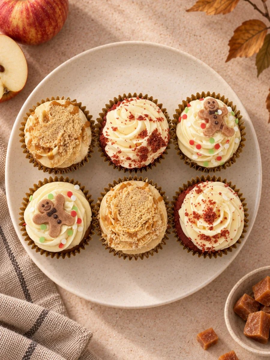 Overhead view of The Cosy Cupcake Box: two each of Toffee Apple, Classic Red Velvet and Gingerbread & Salted Caramel