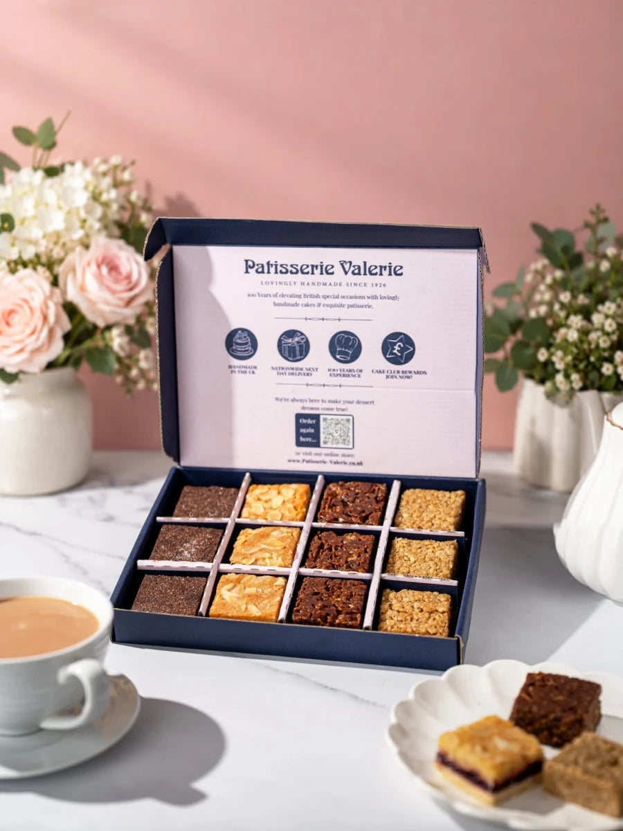 Assorted Old School Favourites traybakes in an open Patisserie Valerie gift box