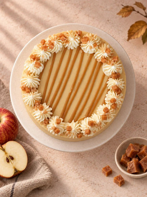 Overhead view of the Toffee Apple Celebration Cake: caramel drizzle framed by vanilla buttercream piping and fudge pieces
