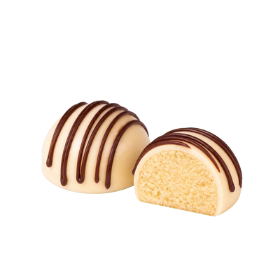 Vanilla with white chocolate cake bite flavour included, two transparent cake bites with plain sponge centre